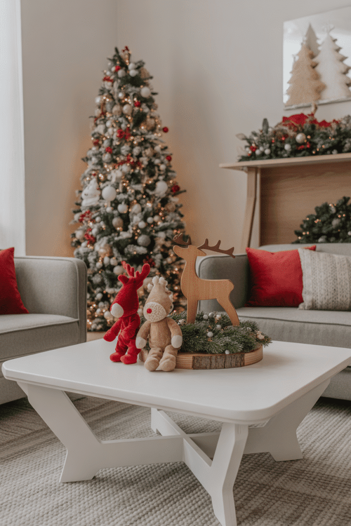 Kid-friendly Christmas coffee table décor with playful holiday accents.