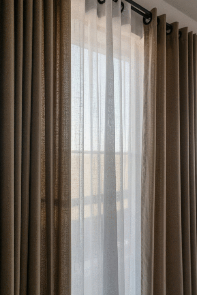 Layered sheer and opaque curtains across tall windows in a contemporary interior.
