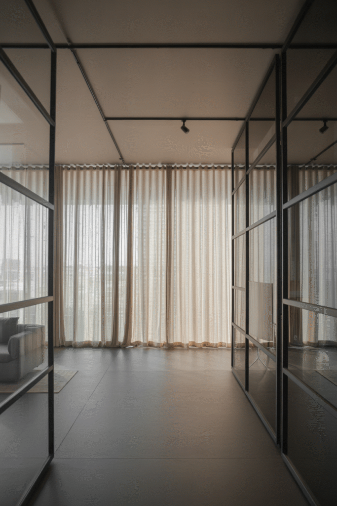 Minimalist track curtain system across floor-to-ceiling windows in a loft.