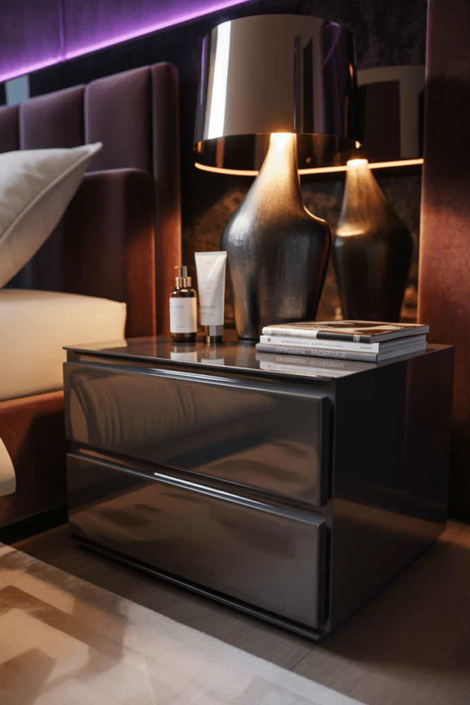 Bedroom nightstand styled with metallic gold accents and mirrored decor for luxe appeal.