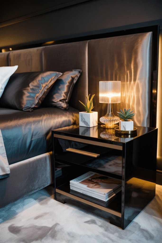 Bedroom nightstand styled with metallic gold accents and mirrored decor for luxe appeal.