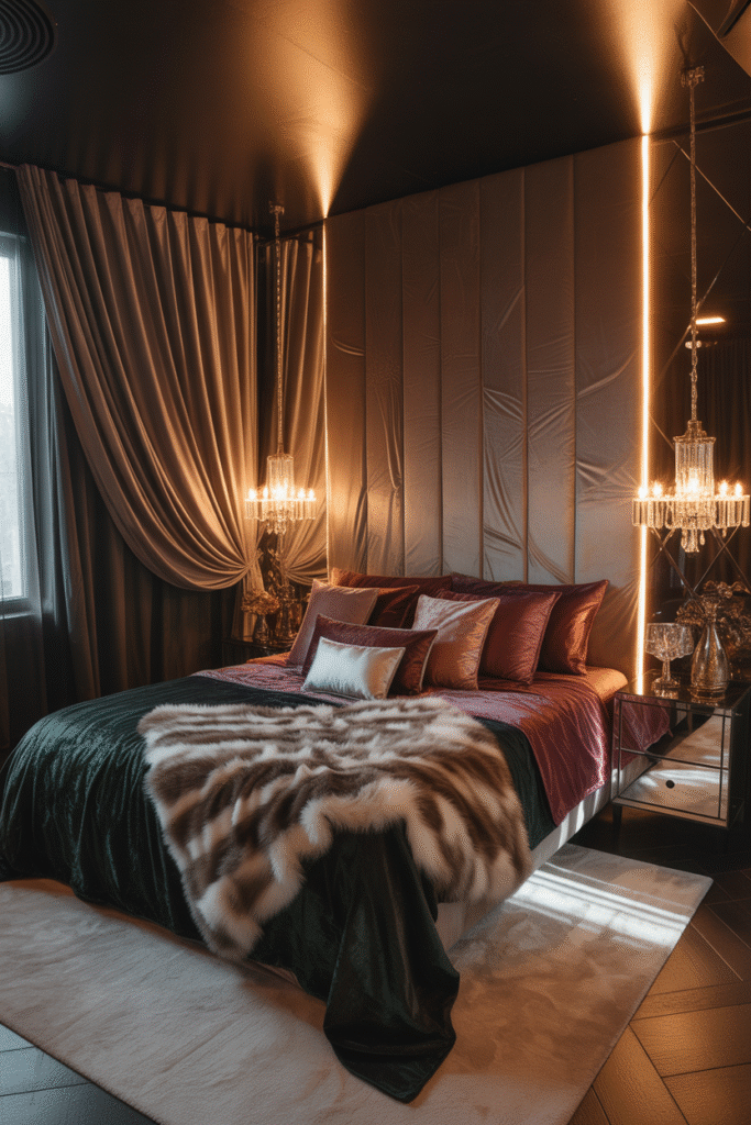 Bed styled with plush faux fur and velvet textures in warm neutral tones.