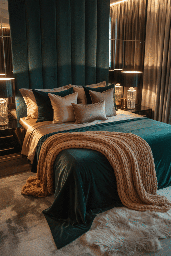 Bed styled with plush faux fur and velvet textures in warm neutral tones.