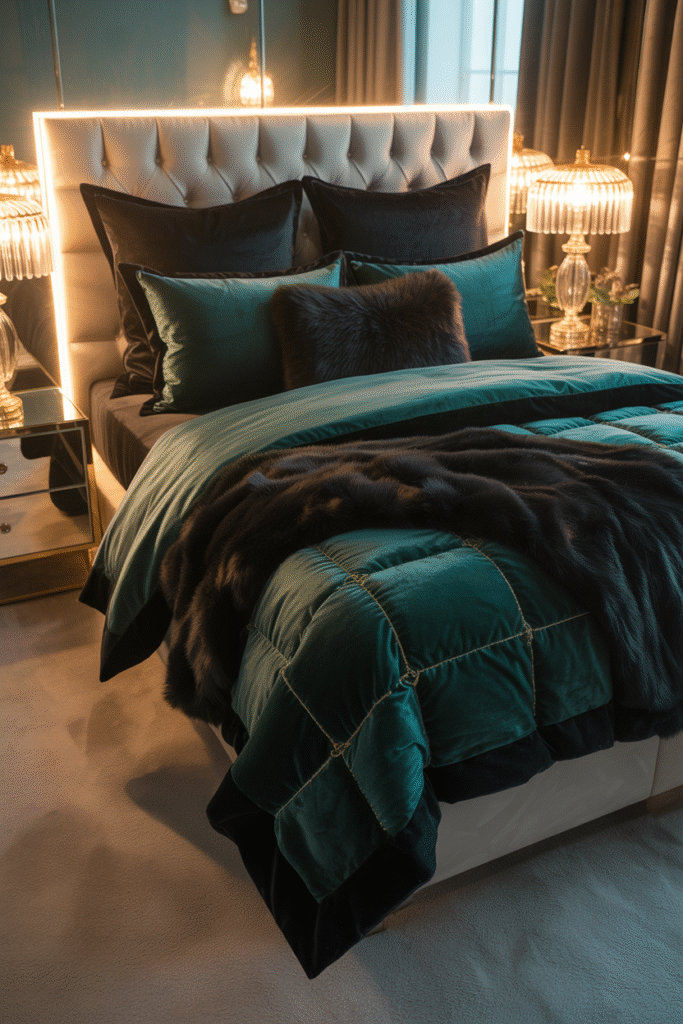 Bed styled with plush faux fur and velvet textures in warm neutral tones.