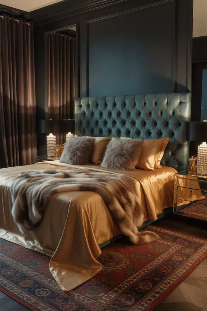 Bed styled with plush faux fur and velvet textures in warm neutral tones.