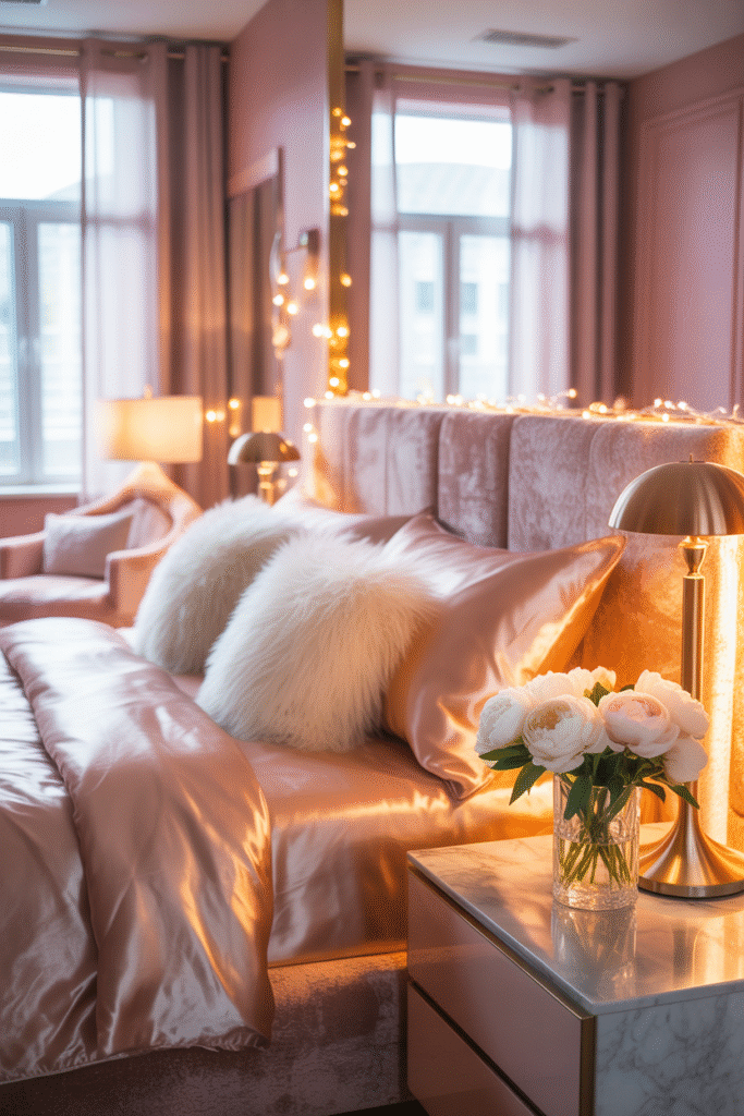 Bedroom with soft pink LED lighting and satin bedding creating cozy baddie aesthetic glow.