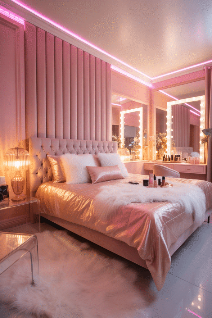 Bedroom with soft pink LED lighting and satin bedding creating cozy baddie aesthetic glow.
