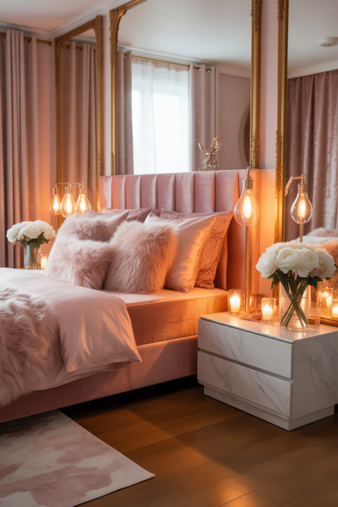 Bedroom with soft pink LED lighting and satin bedding creating cozy baddie aesthetic glow.
