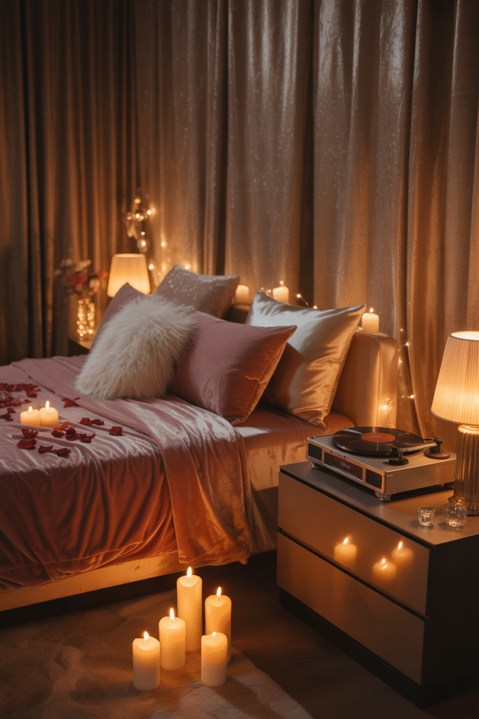 Cozy bedroom night setup with candles, soft music, and warm lighting creating full sensory vibe.