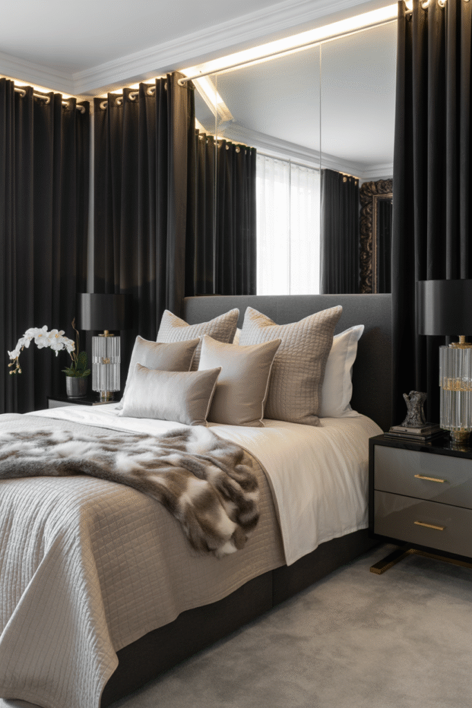 Elegant bedroom in layered neutral tones with velvet headboard and contrasting black accents.