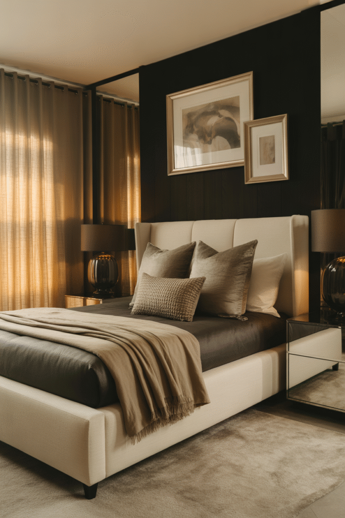 As a part of baddie aesthetic bedroom ideas this picture shows an elegant bedroom in layered neutral tones with velvet headboard and contrasting black accents.