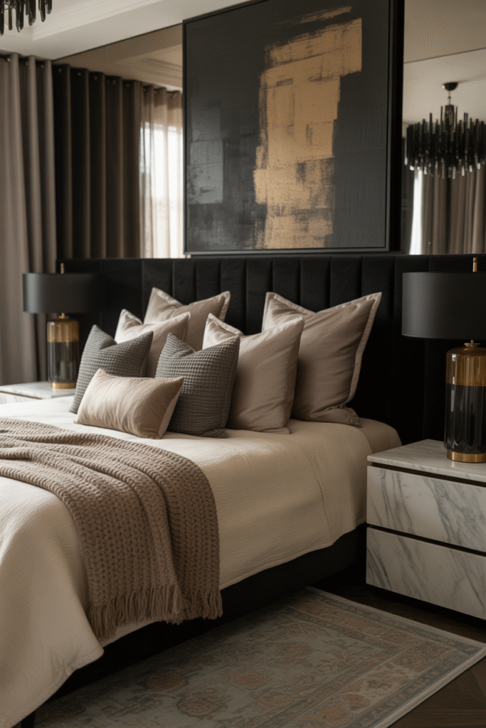Elegant bedroom in layered neutral tones with velvet headboard and contrasting black accents.