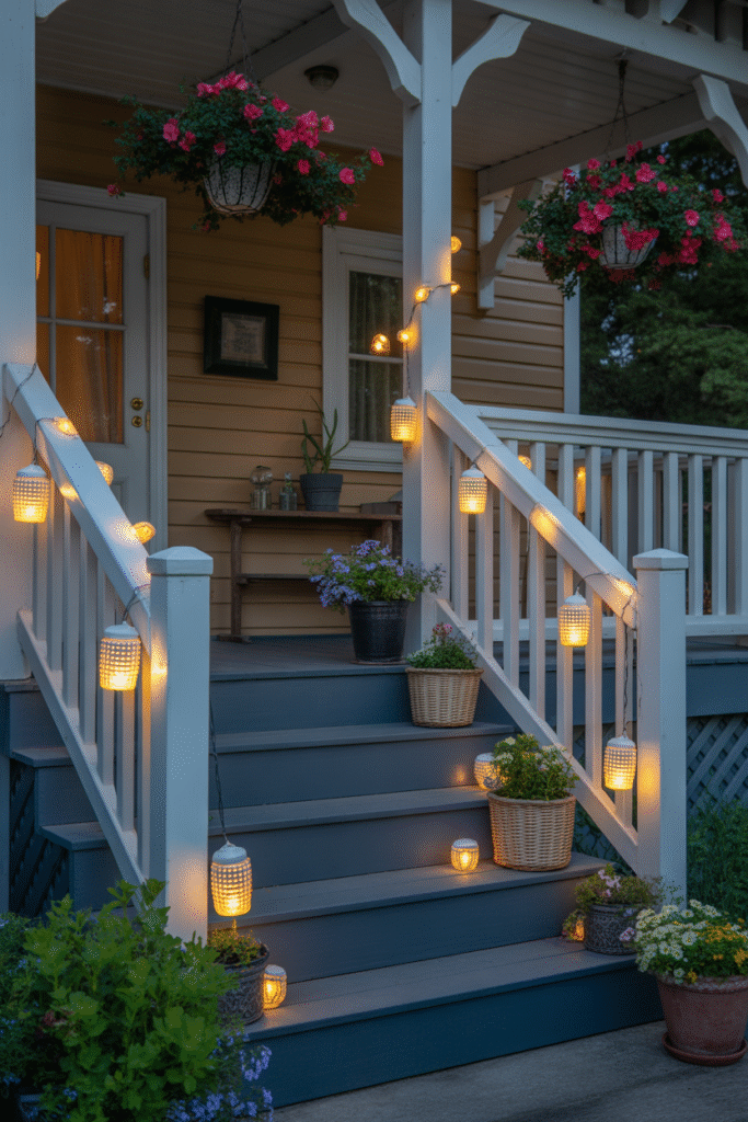 Cozy porch at dusk illuminated by solar lanterns and fairy lights creating warm ambiance.