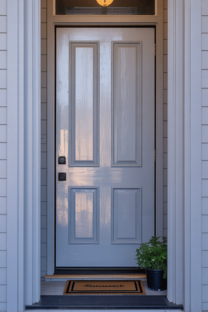 Front door painted deep navy blue with brass handle and minimal wreath for modern curb appeal.
