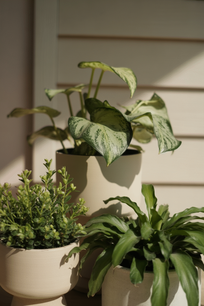 Small porch with grouped potted plants in terracotta pots adding natural greenery.