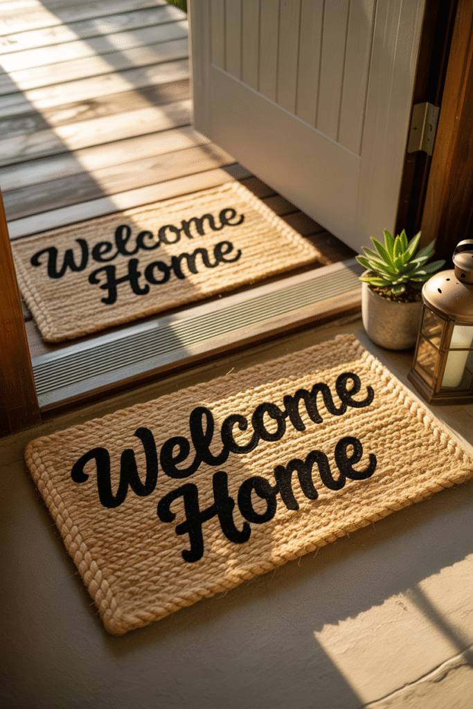 As a part of  small front porch ideas on a budget  this picture shows a small front porch with layered doormats, greenery, and warm sunlight creating a welcoming entryway.