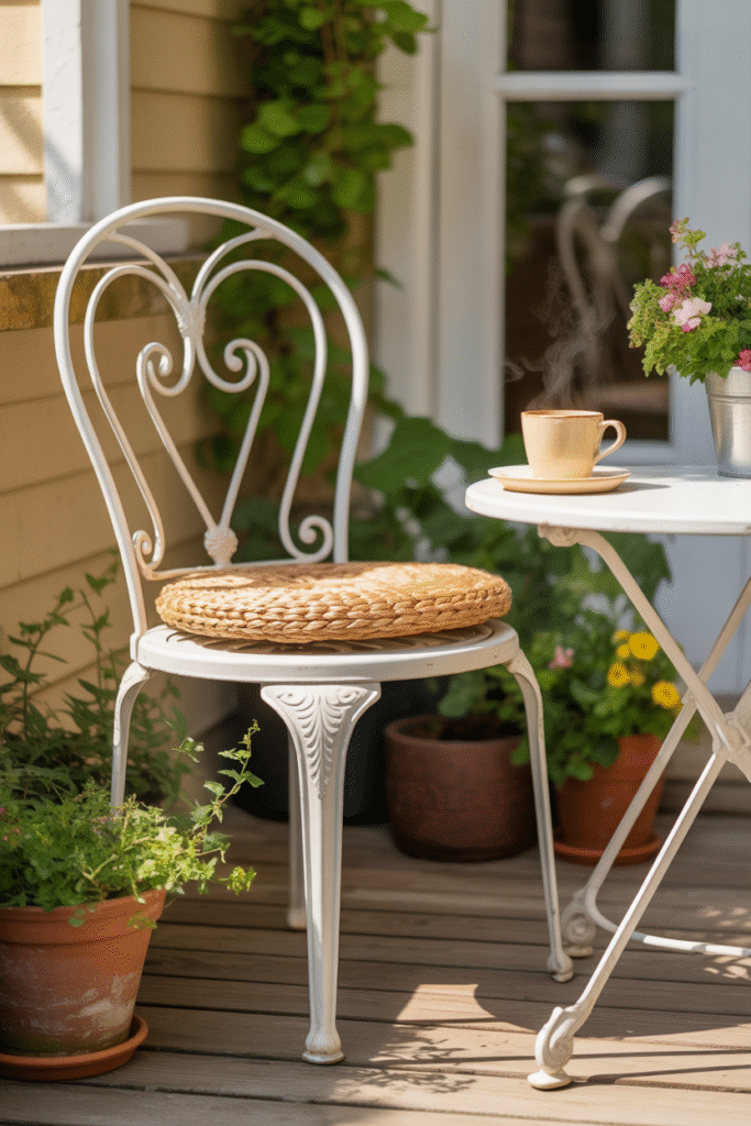 Tiny porch seating area with white chair and plants styled for comfort and relaxation.