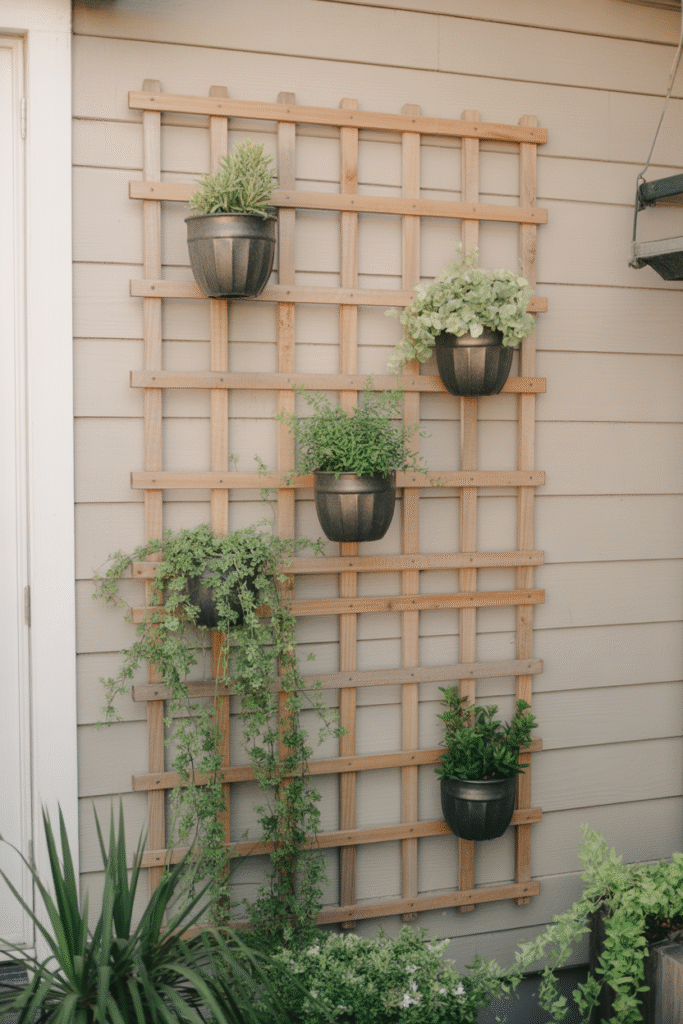 Vertical garden with hanging plants on small porch wall maximizing limited space.