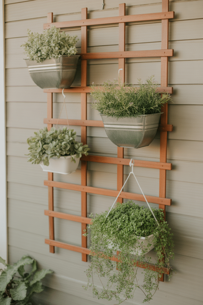 Vertical garden with hanging plants on small porch wall maximizing limited space.