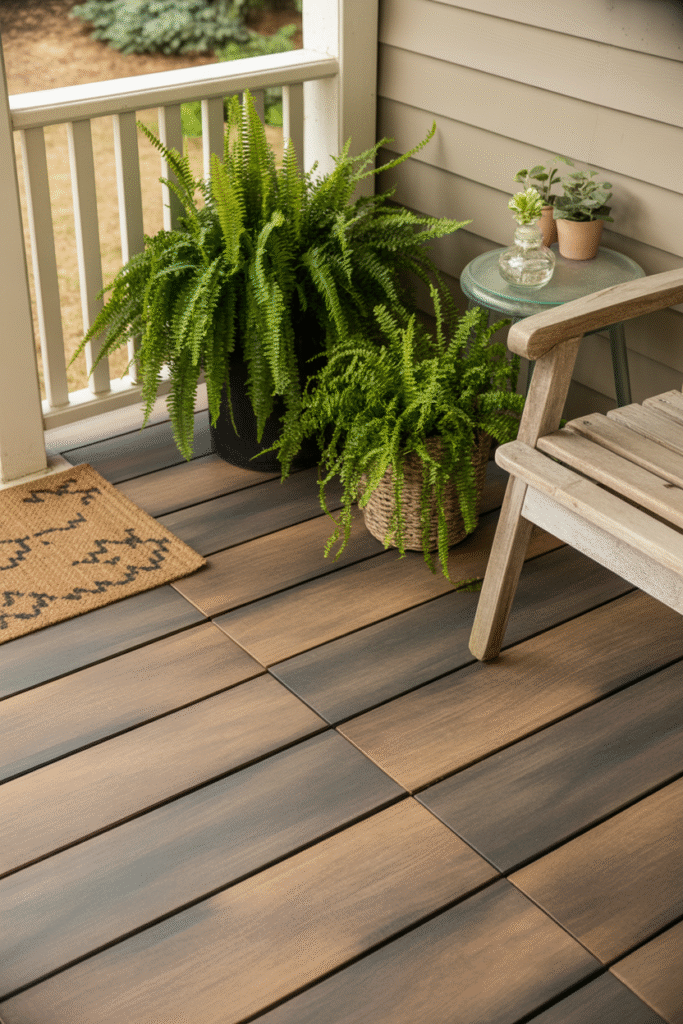 Budget porch makeover using peel-and-stick deck tiles and greenery.
