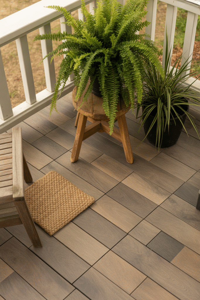 Budget porch makeover using peel-and-stick deck tiles and greenery.