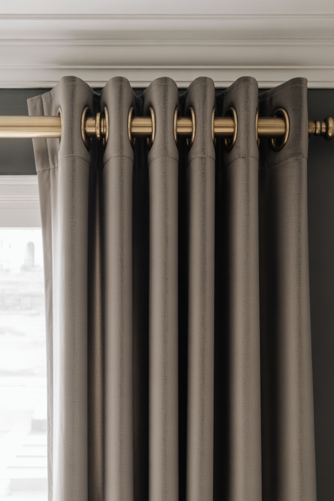 Oversized brass curtain rods supporting tall velvet curtains.