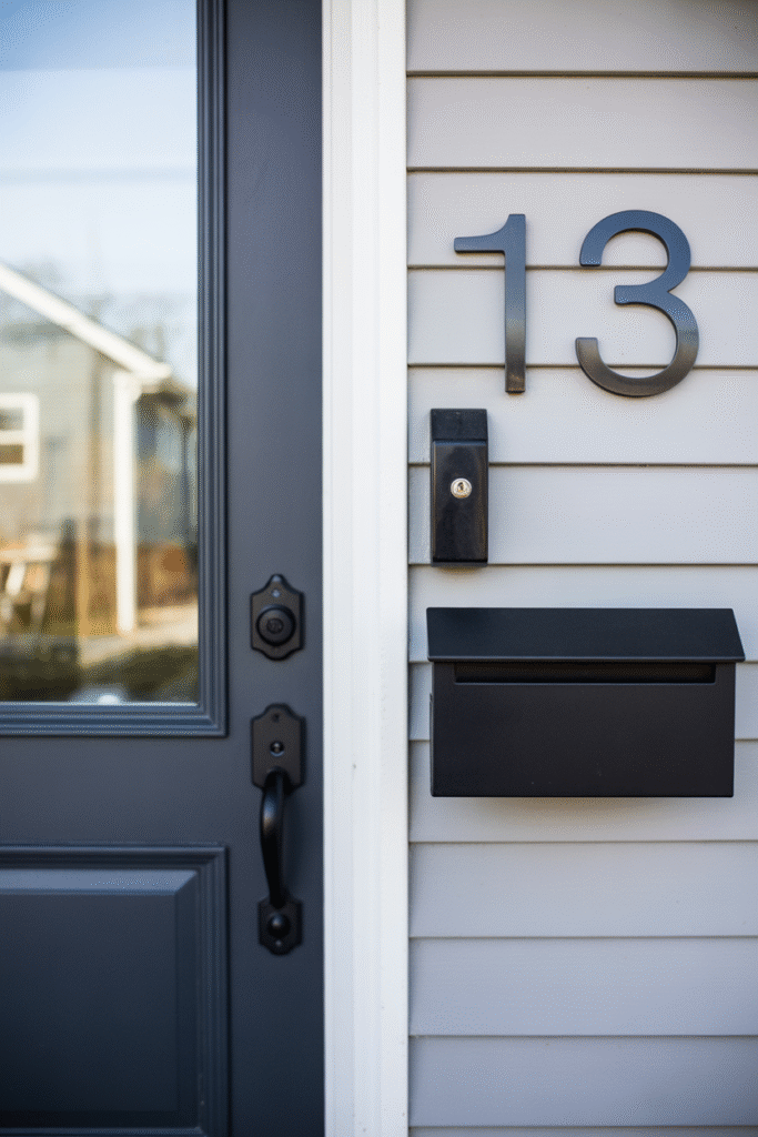 Front porch hardware updated with matte black handle and numbers for a fresh modern look.