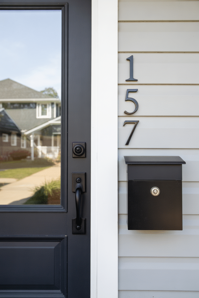 Front porch hardware updated with matte black handle and numbers for a fresh modern look.