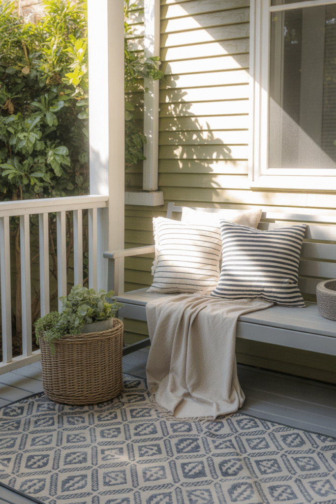 Porch bench styled with outdoor pillows and blanket for budget-friendly charm.