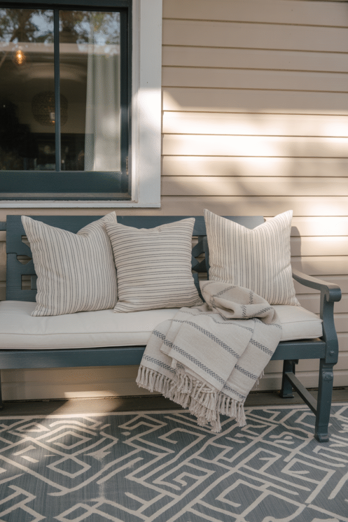 Porch bench styled with outdoor pillows and blanket for budget-friendly charm.