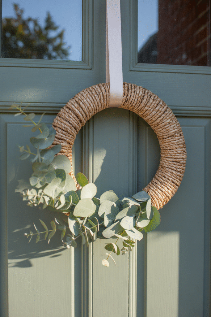 Minimal eucalyptus wreath on front door adding simple seasonal decor.