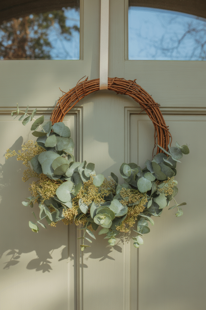 Minimal eucalyptus wreath on front door adding simple seasonal decor.