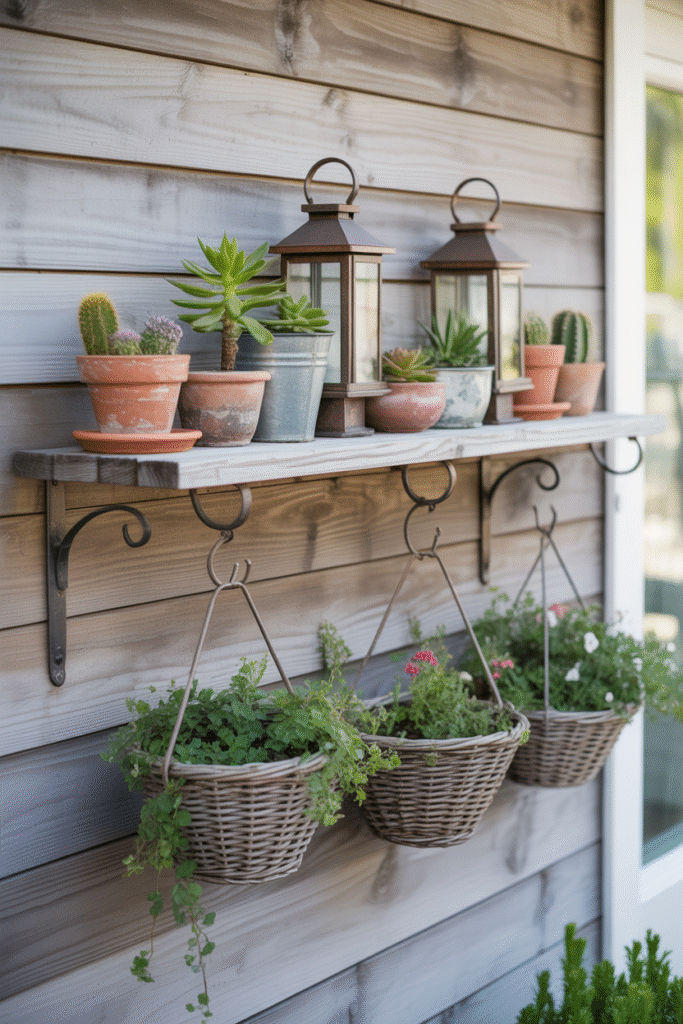 Porch wall with wooden floating shelf and hanging decor adding vertical interest.