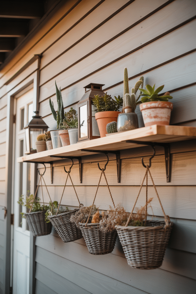 Porch wall with wooden floating shelf and hanging decor adding vertical interest.
