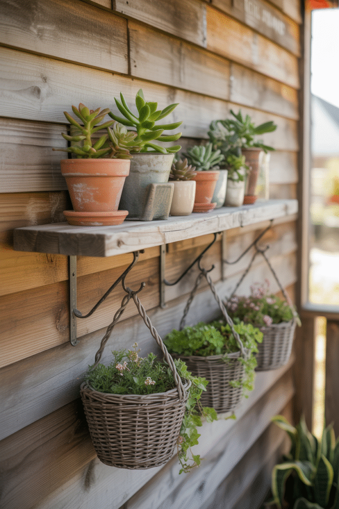 Porch wall with wooden floating shelf and hanging decor adding vertical interest.