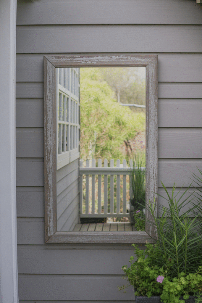 Outdoor mirror on small porch reflecting plants and light to create spacious feel.