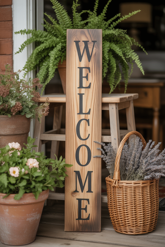 Rustic vertical welcome sign and planters adding charm to small porch entry.