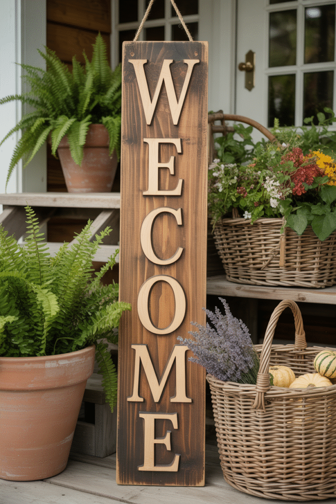 Rustic vertical welcome sign and planters adding charm to small porch entry.