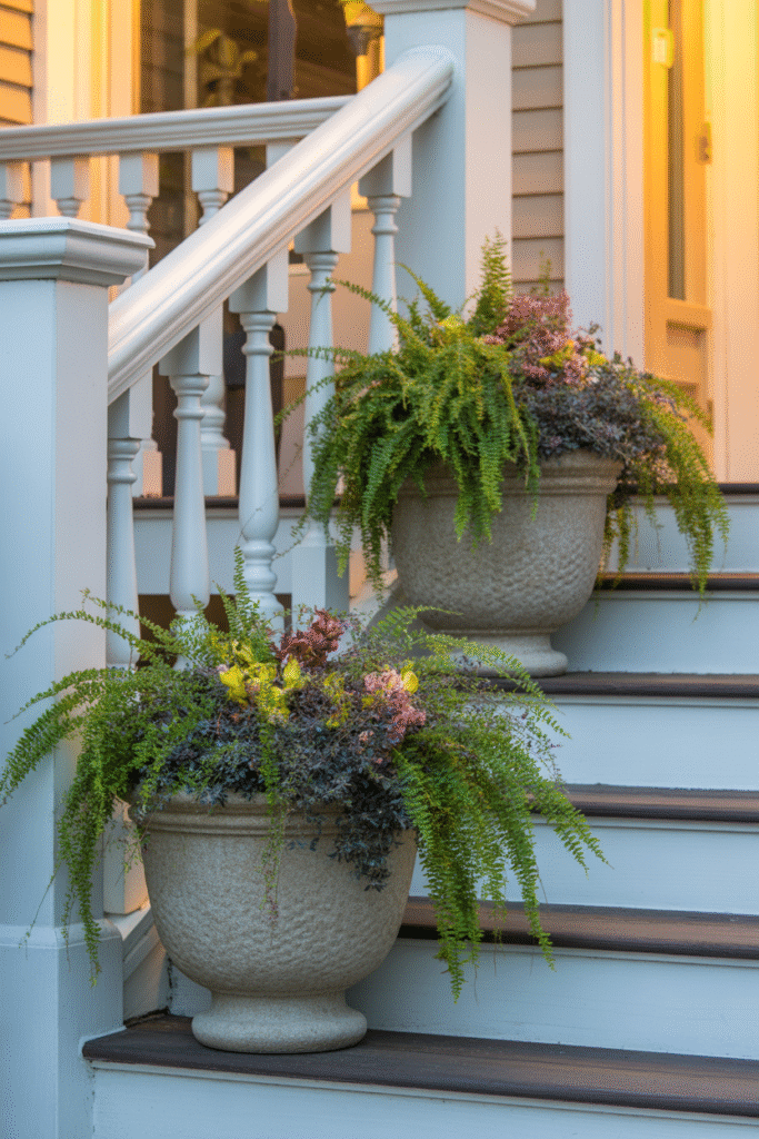 Front porch steps framed with matching planters for defined, polished look.