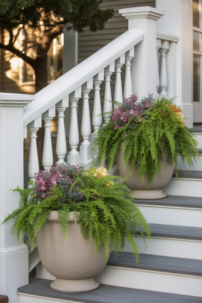 Front porch steps framed with matching planters for defined, polished look.