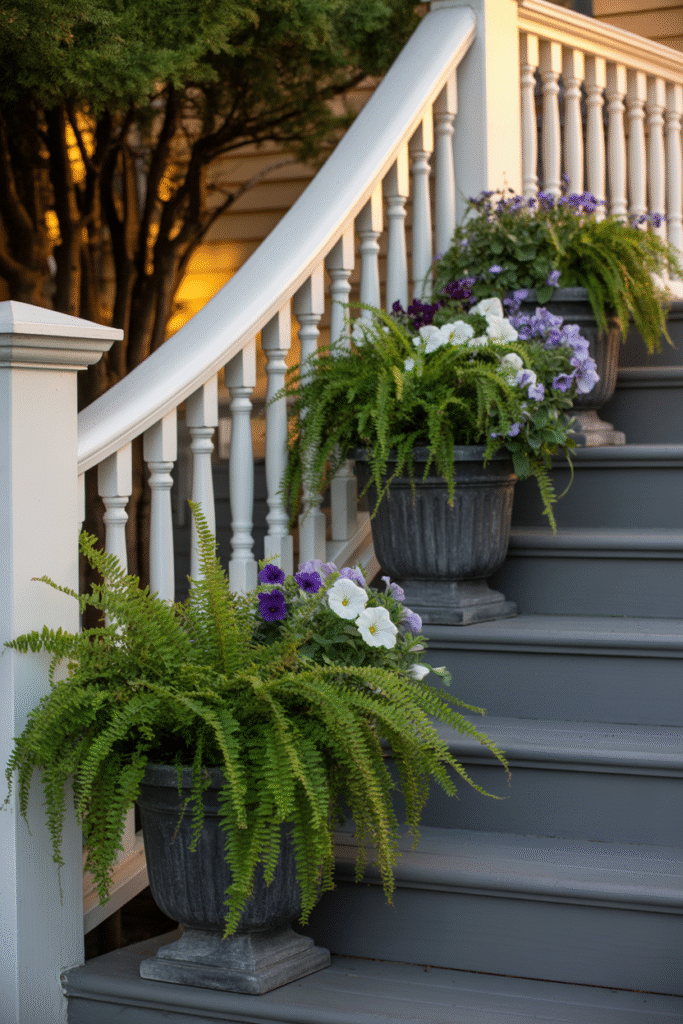 Front porch steps framed with matching planters for defined, polished look.