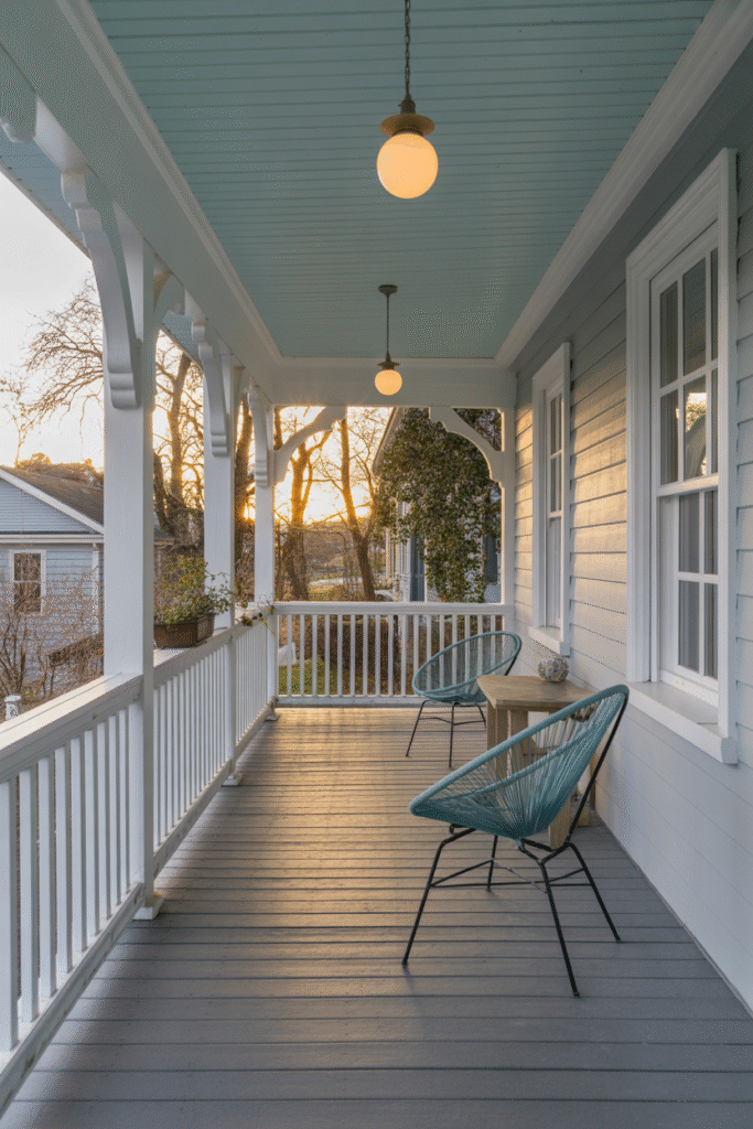 Porch ceiling painted light blue reflecting natural light and enhancing openness.