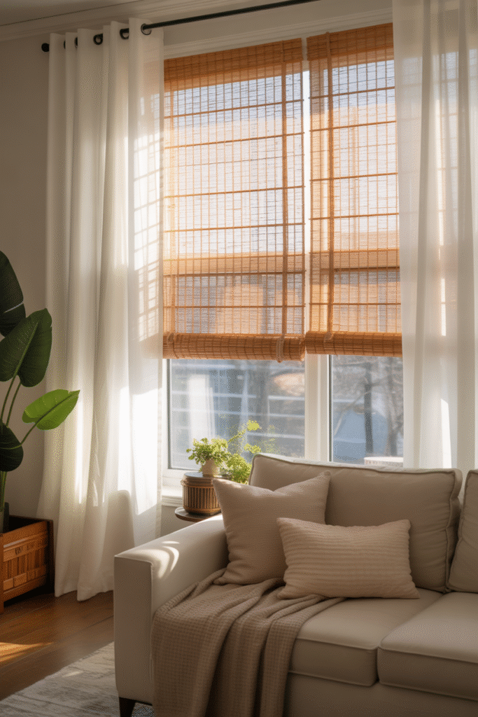 Hybrid layered window treatment with woven shades and sheer drapes.