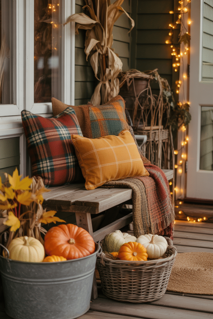 Small seasonal porch decorated with plaid accents, pumpkins, and warm lighting.