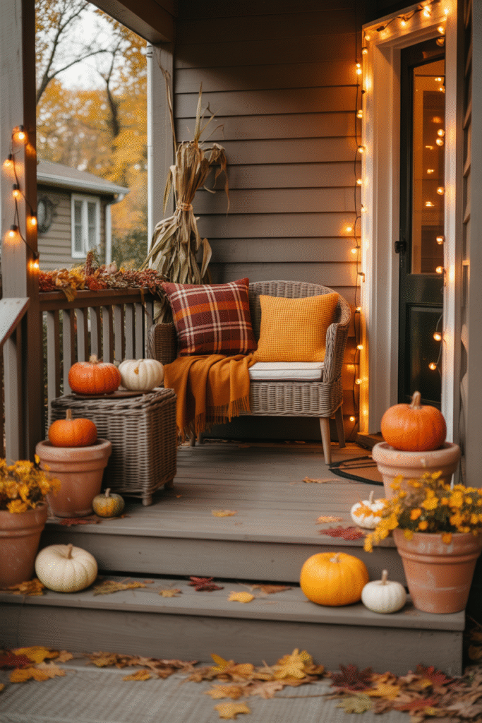 Small seasonal porch decorated with plaid accents, pumpkins, and warm lighting.