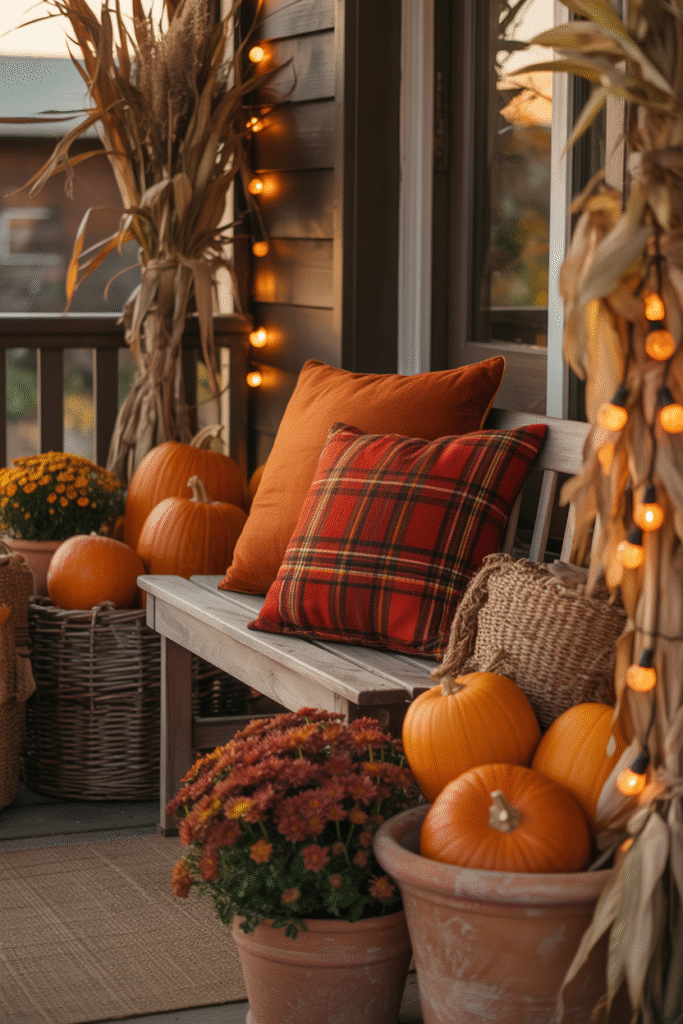 Small seasonal porch decorated with plaid accents, pumpkins, and warm lighting.