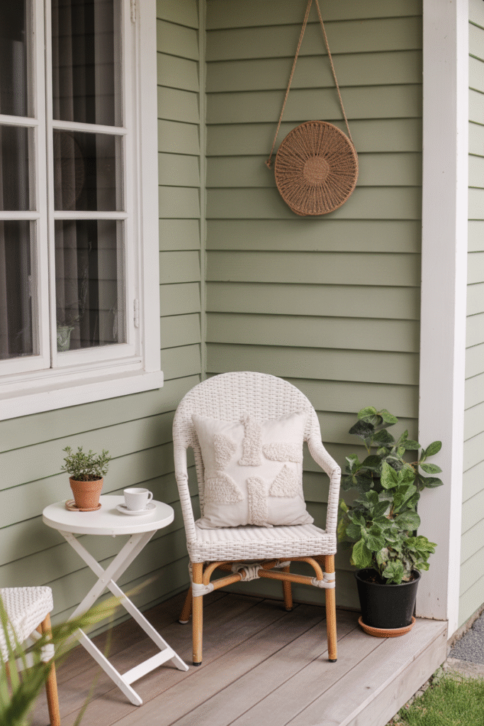 Tiny porch seating area with white chair and plants styled for comfort and relaxation.