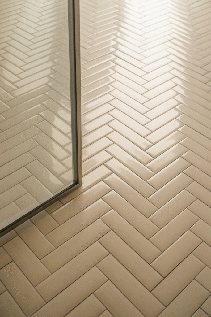 Matte porcelain bathroom floor in neutral tones showcasing durable, easy-to-clean surface.