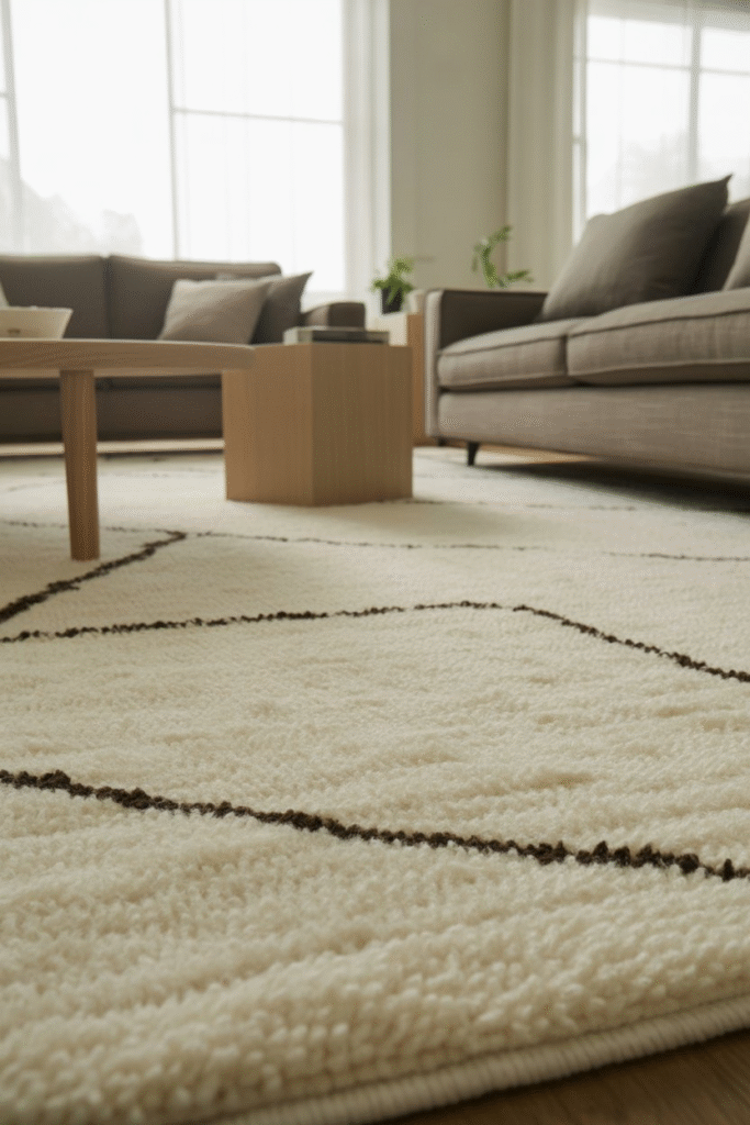 Modern living room with wool rug anchoring neutral furniture and soft daylight ambiance.