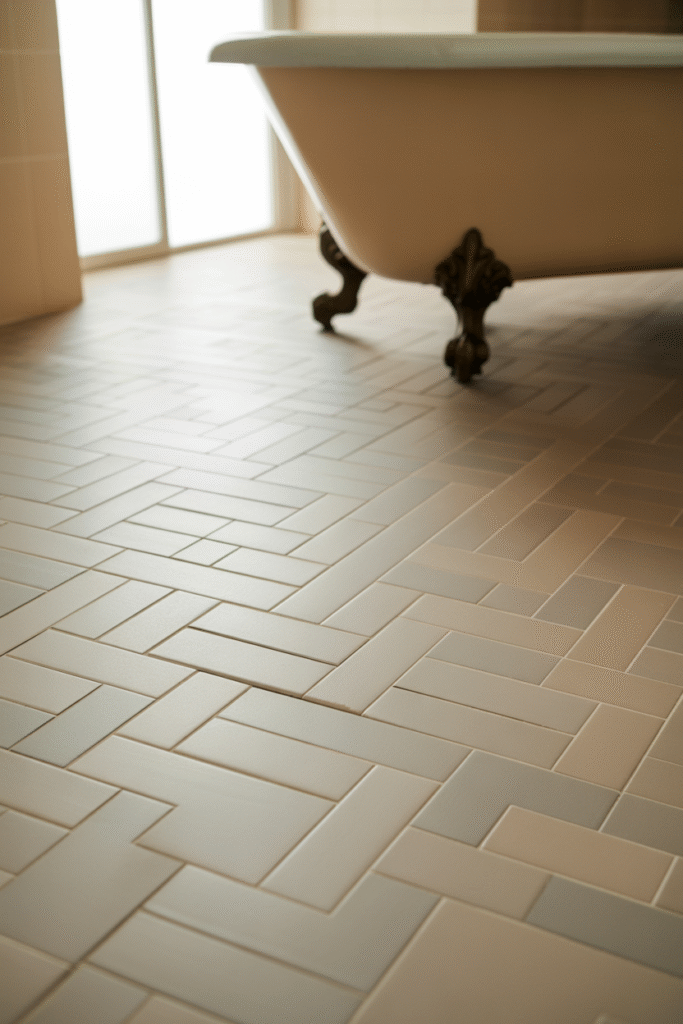 Matte porcelain bathroom floor in neutral tones showcasing durable, easy-to-clean surface.